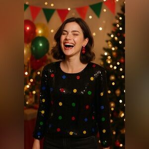 Vintage 100% Silk Rina Z Blouse Full Sequin Beaded Long Sleeve Size M Rare Dots